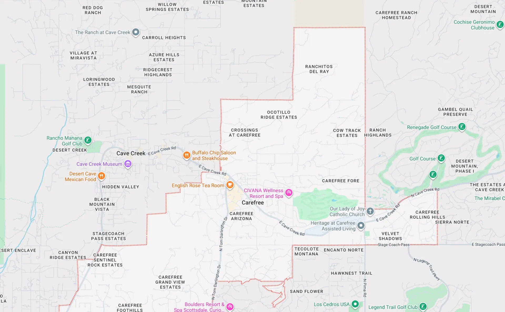 A Screenshot from Google Maps of the Carefree, AZ Area that Shamrock Heating & Cooling does HVAC Service in.