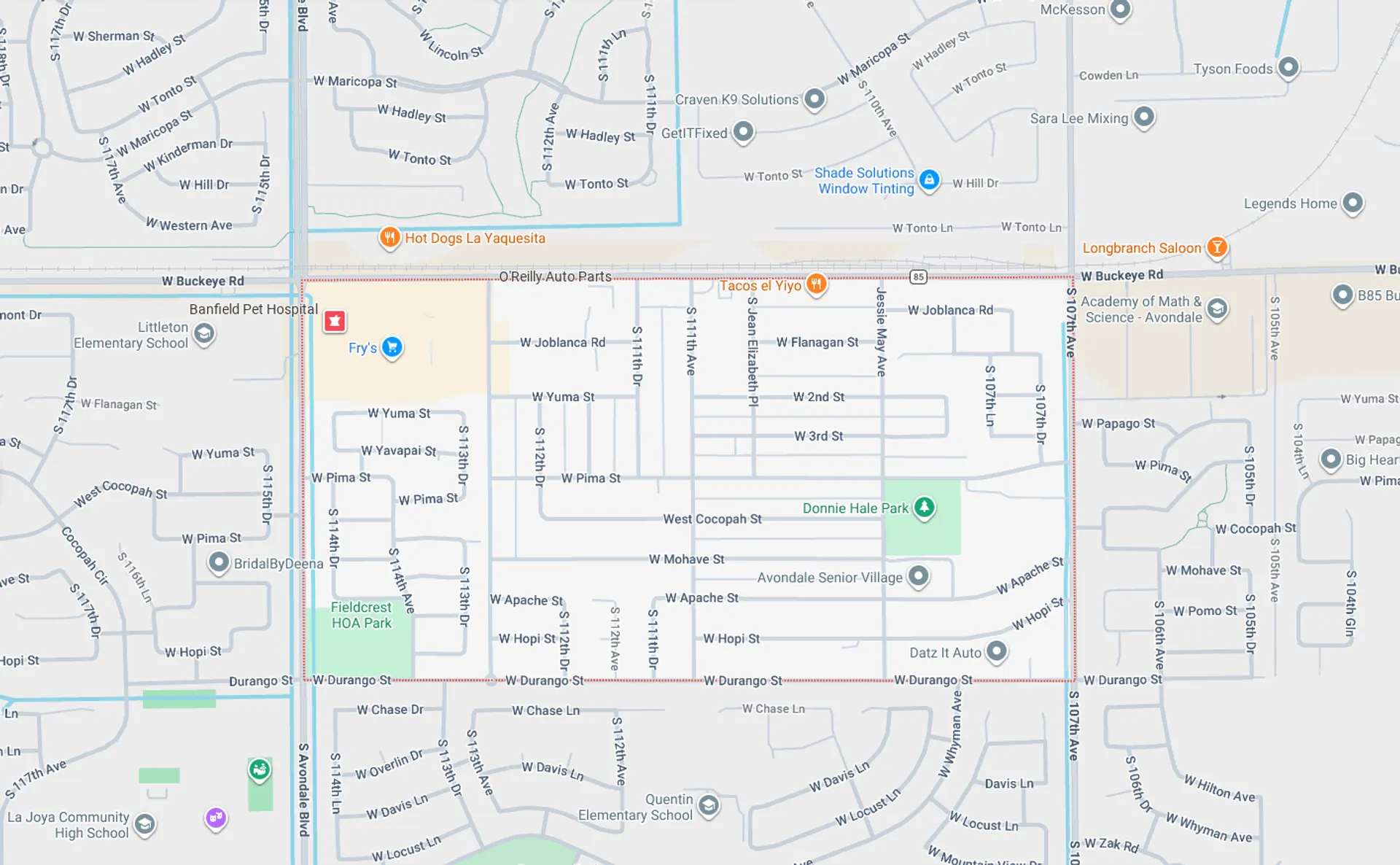 A Screenshot from Google Maps of the Cashion, AZ Area that Shamrock Heating & Cooling does HVAC Service in.