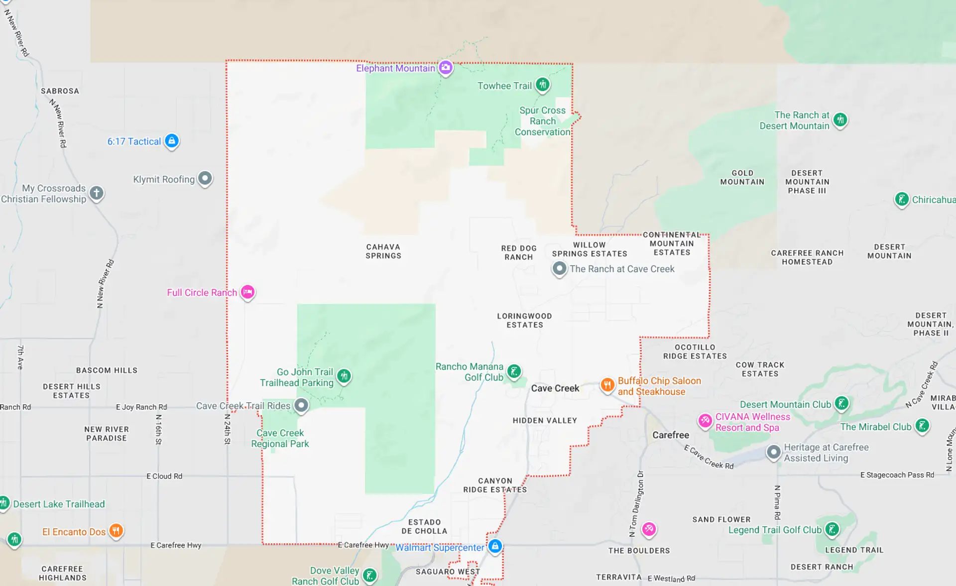 A Screenshot from Google Maps of the Cave Creek, AZ Area that Shamrock Heating & Cooling does HVAC Service in.