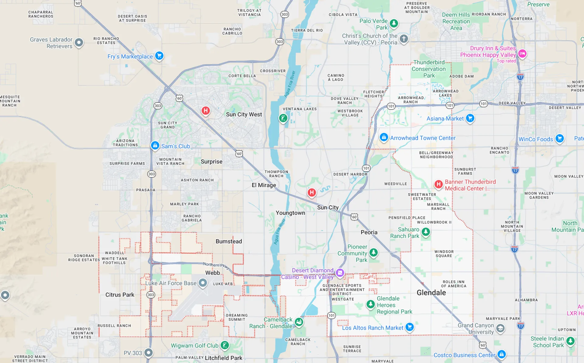 A Screenshot from Google Maps of the Glendale Luke AFB, AZ Area that Shamrock Heating & Cooling does HVAC Service in.