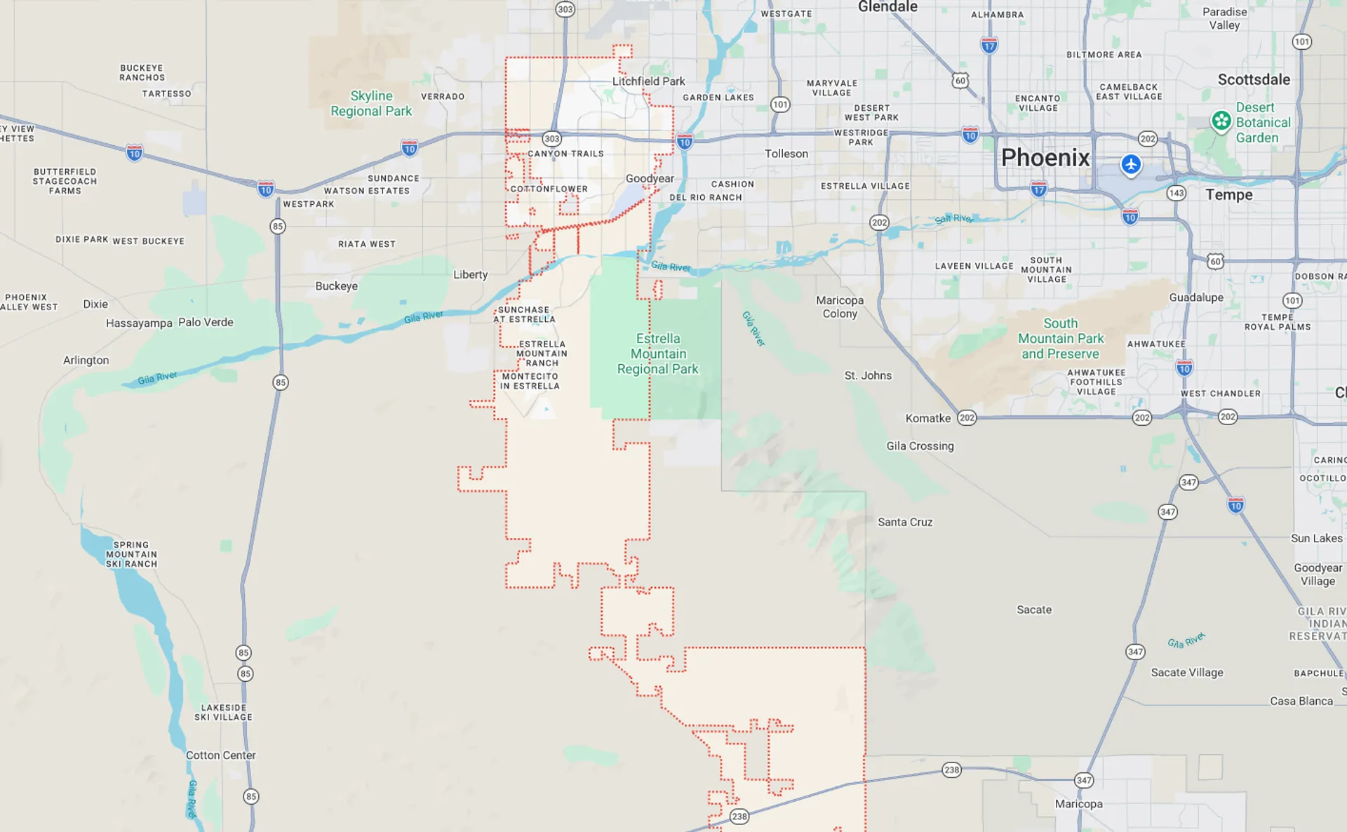 A Screenshot from Google Maps of the Goodyear, AZ Area that Shamrock Heating & Cooling does HVAC Service in.