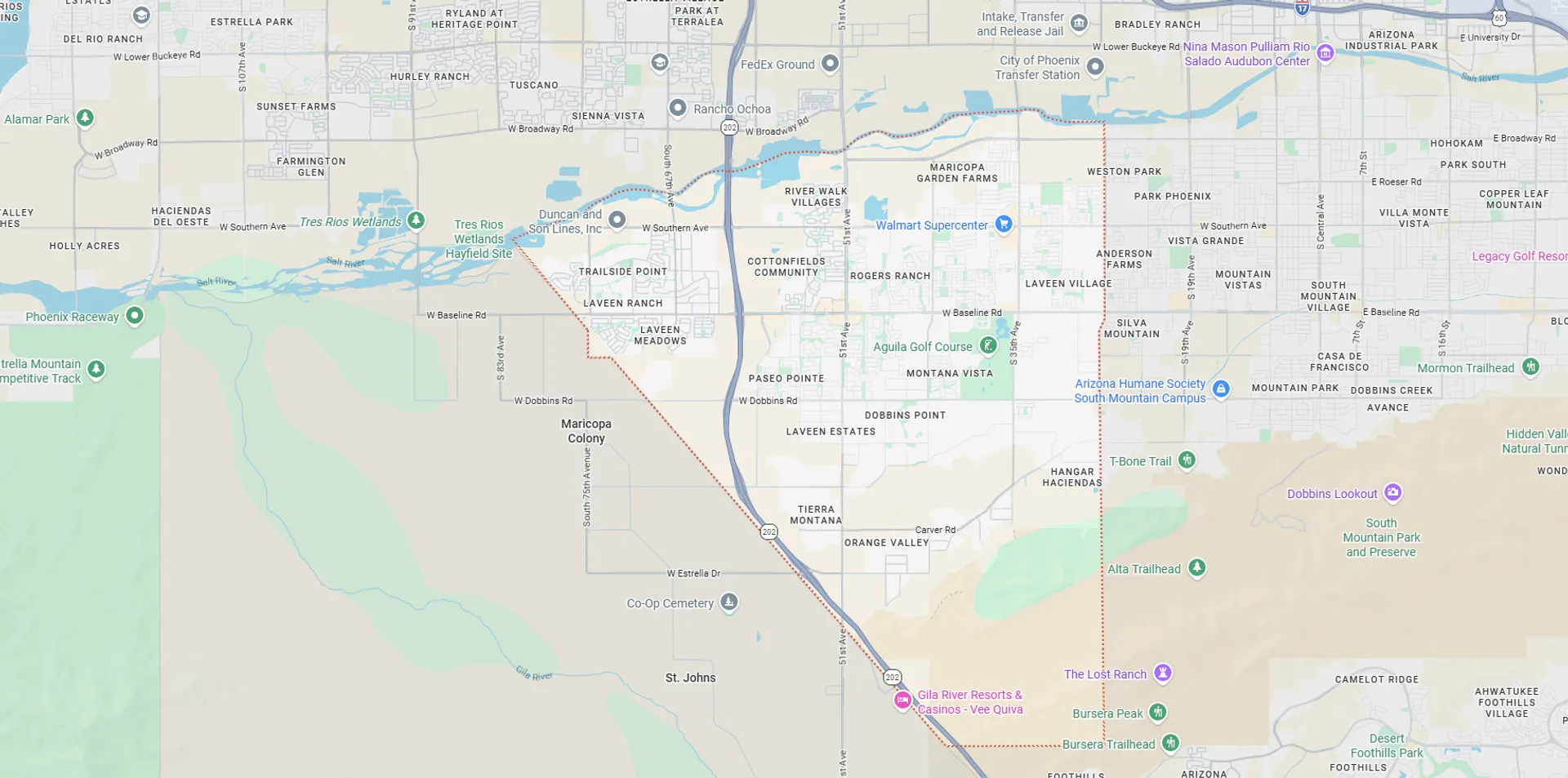 A Screenshot from Google Maps of the Laveen, AZ Area that Shamrock Heating & Cooling does HVAC Service in.