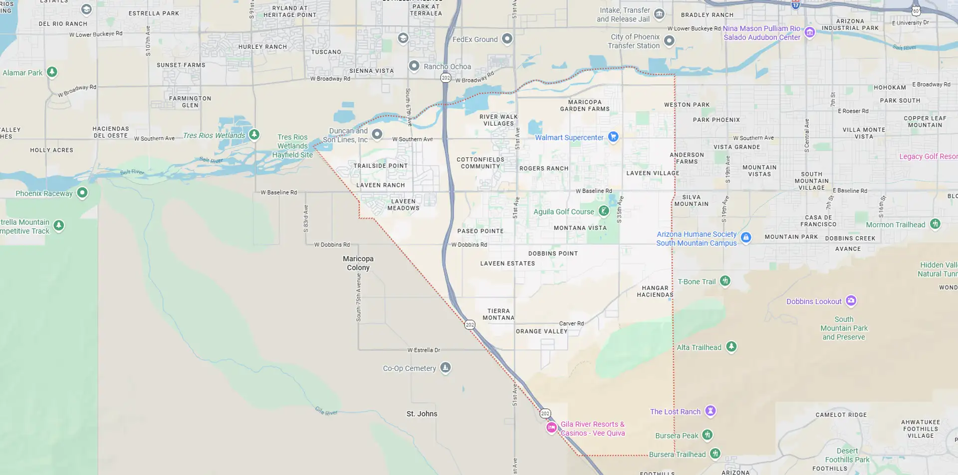 A Screenshot from Google Maps of the Laveen, AZ Area that Shamrock Heating & Cooling does HVAC Service in.