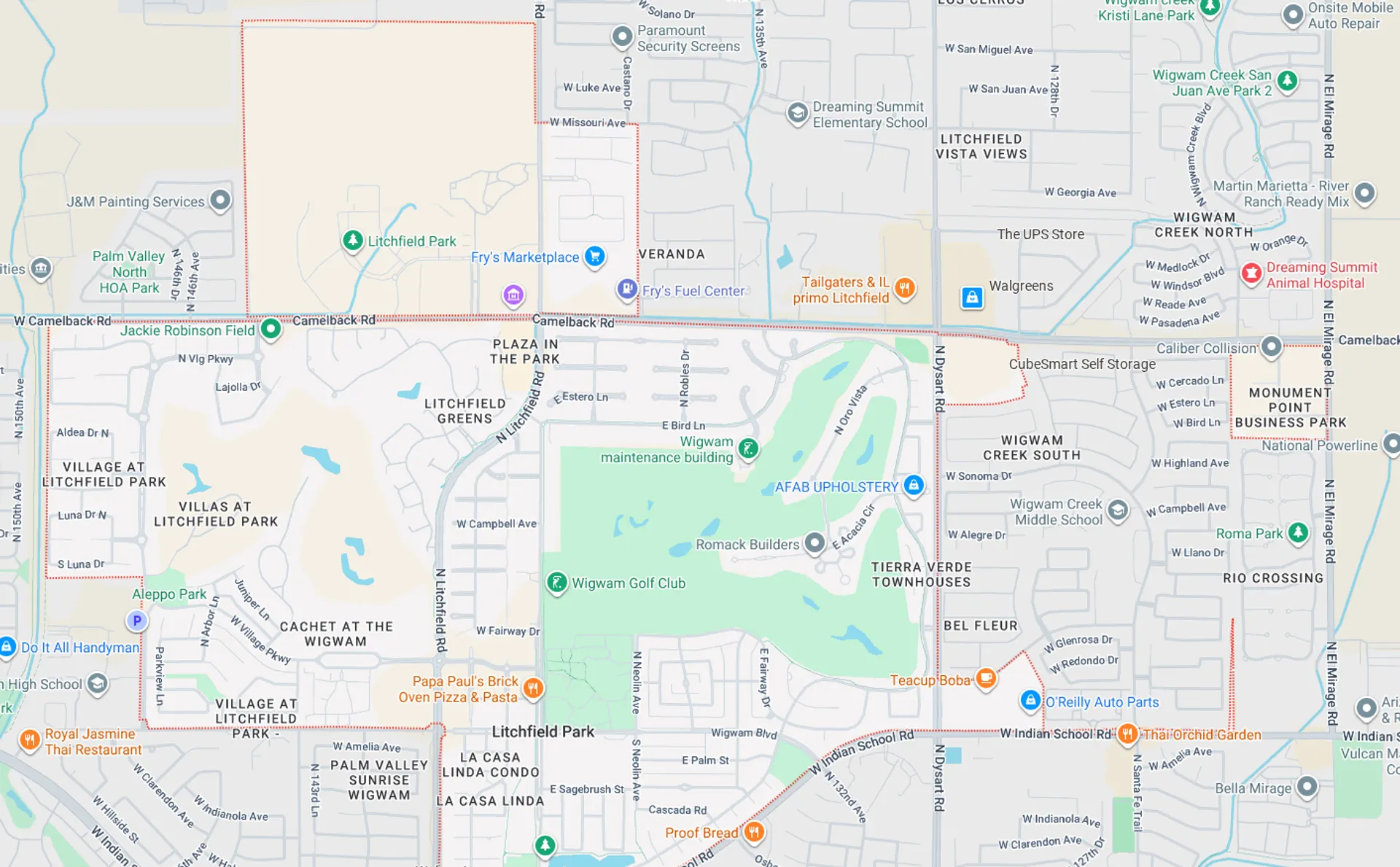 A Screenshot from Google Maps of the Litchfield Park, AZ Area that Shamrock Heating & Cooling does HVAC Service in.
