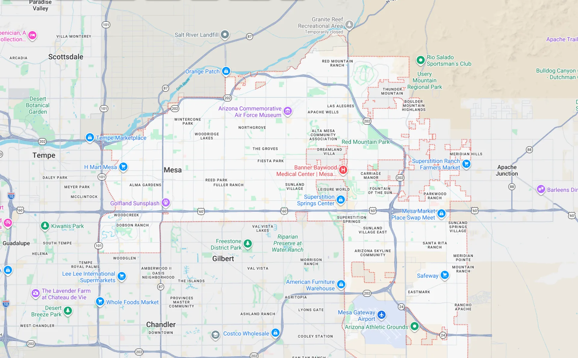 A Screenshot from Google Maps of the Mesa, AZ Area that Shamrock Heating & Cooling does HVAC Service in.