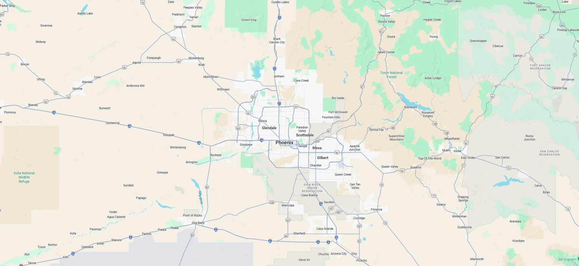 A Screenshot from Google Maps of the Phoenix Valley Area that Shamrock Heating & Cooling does HVAC Service in.