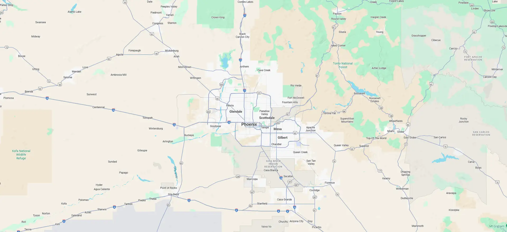 A Screenshot from Google Maps of the Phoenix Valley Area that Shamrock Heating & Cooling does HVAC Service in.