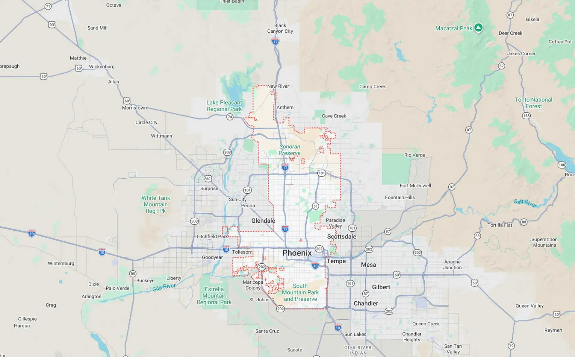 A Screenshot from Google Maps of the Phoenix, AZ Area that Shamrock Heating & Cooling does HVAC Service in.