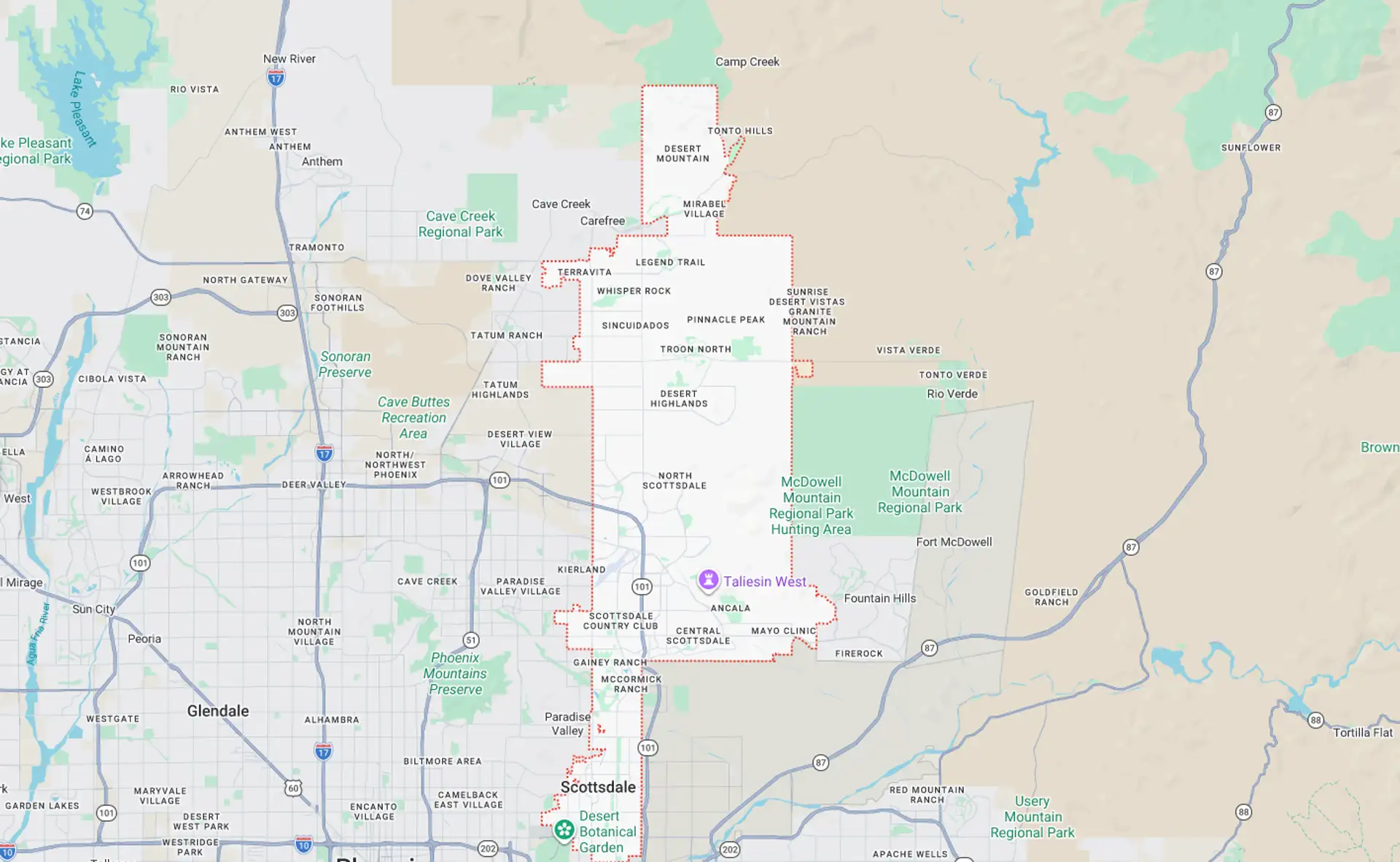 A Screenshot from Google Maps of the Scottsdale, AZ Area that Shamrock Heating & Cooling does HVAC Service in.