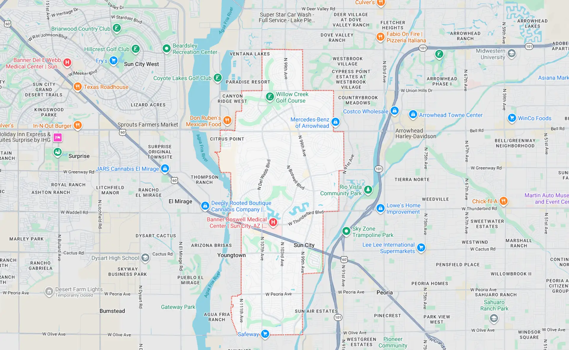 A Screenshot from Google Maps of the Sun City, AZ Area that Shamrock Heating & Cooling does HVAC Service in.