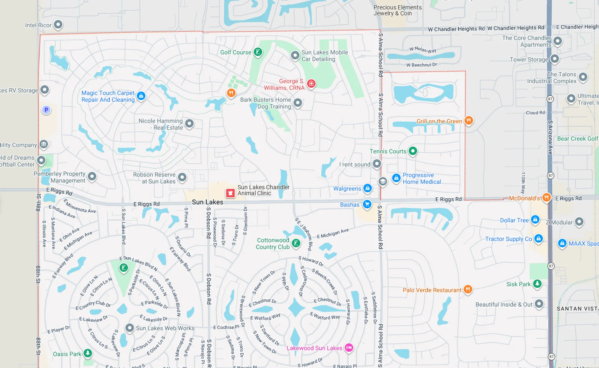 A Screenshot from Google Maps of the Sun Lakes, AZ Area that Shamrock Heating & Cooling does HVAC Service in.