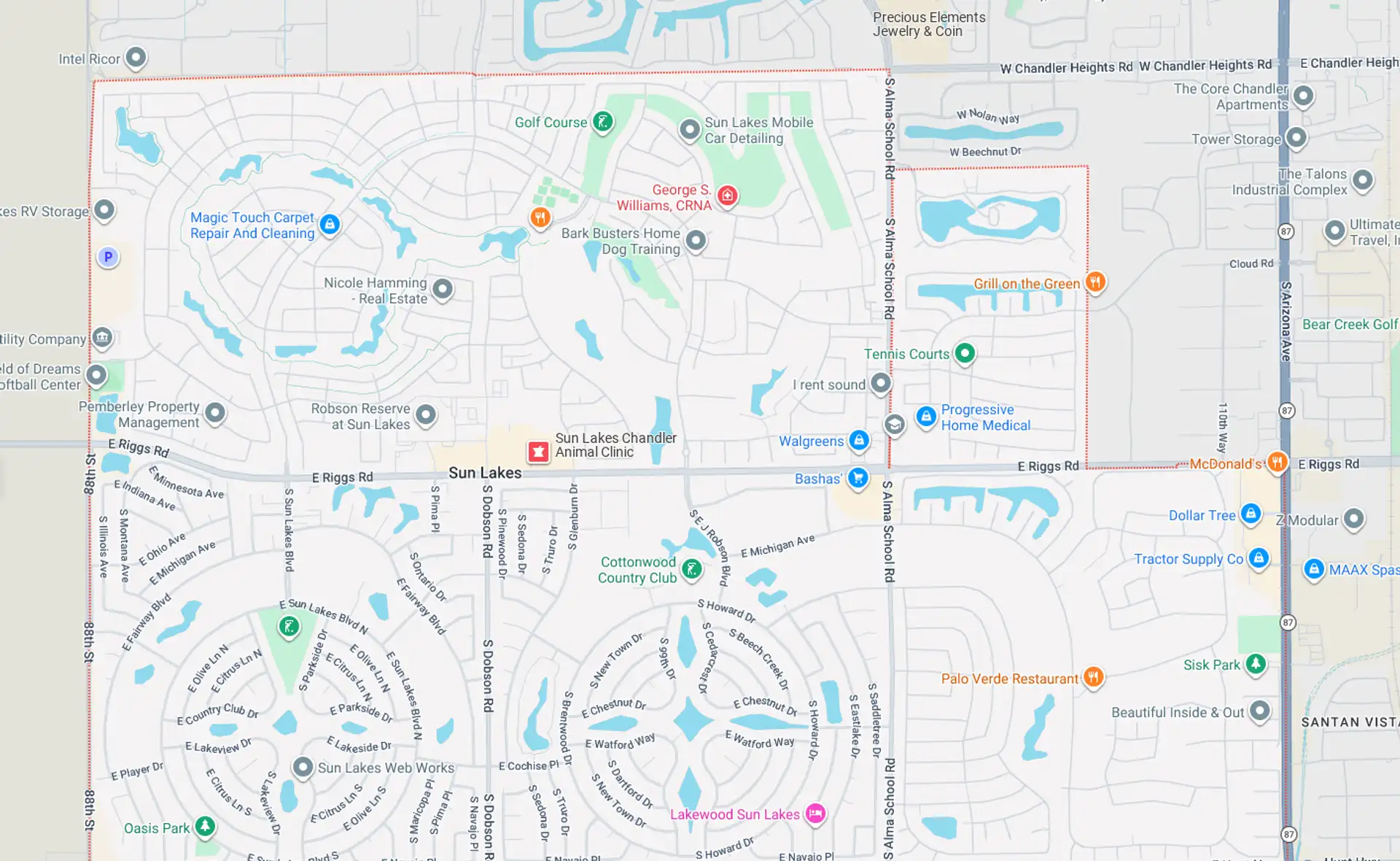 A Screenshot from Google Maps of the Sun Lakes, AZ Area that Shamrock Heating & Cooling does HVAC Service in.