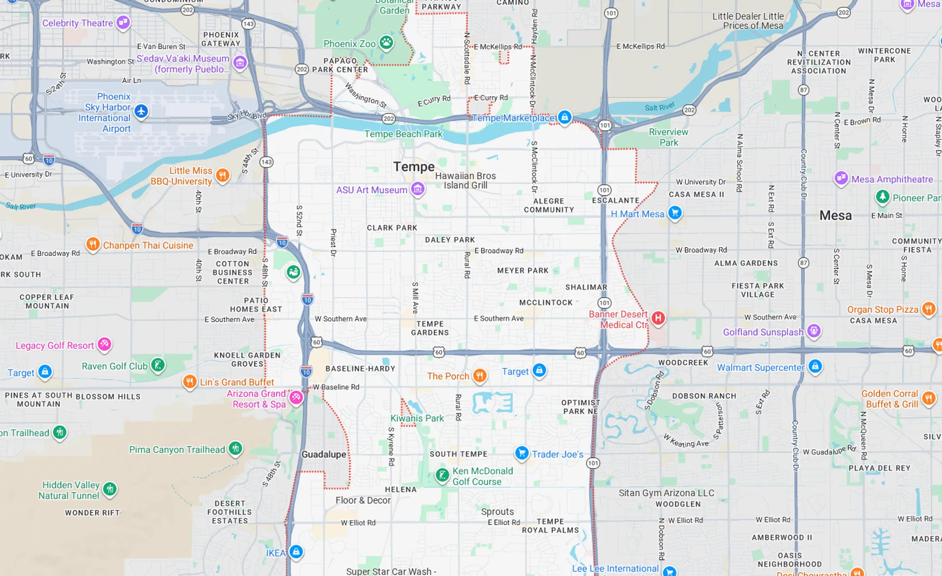 A Screenshot from Google Maps of the Tempe, AZ Area that Shamrock Heating & Cooling does HVAC Service in.