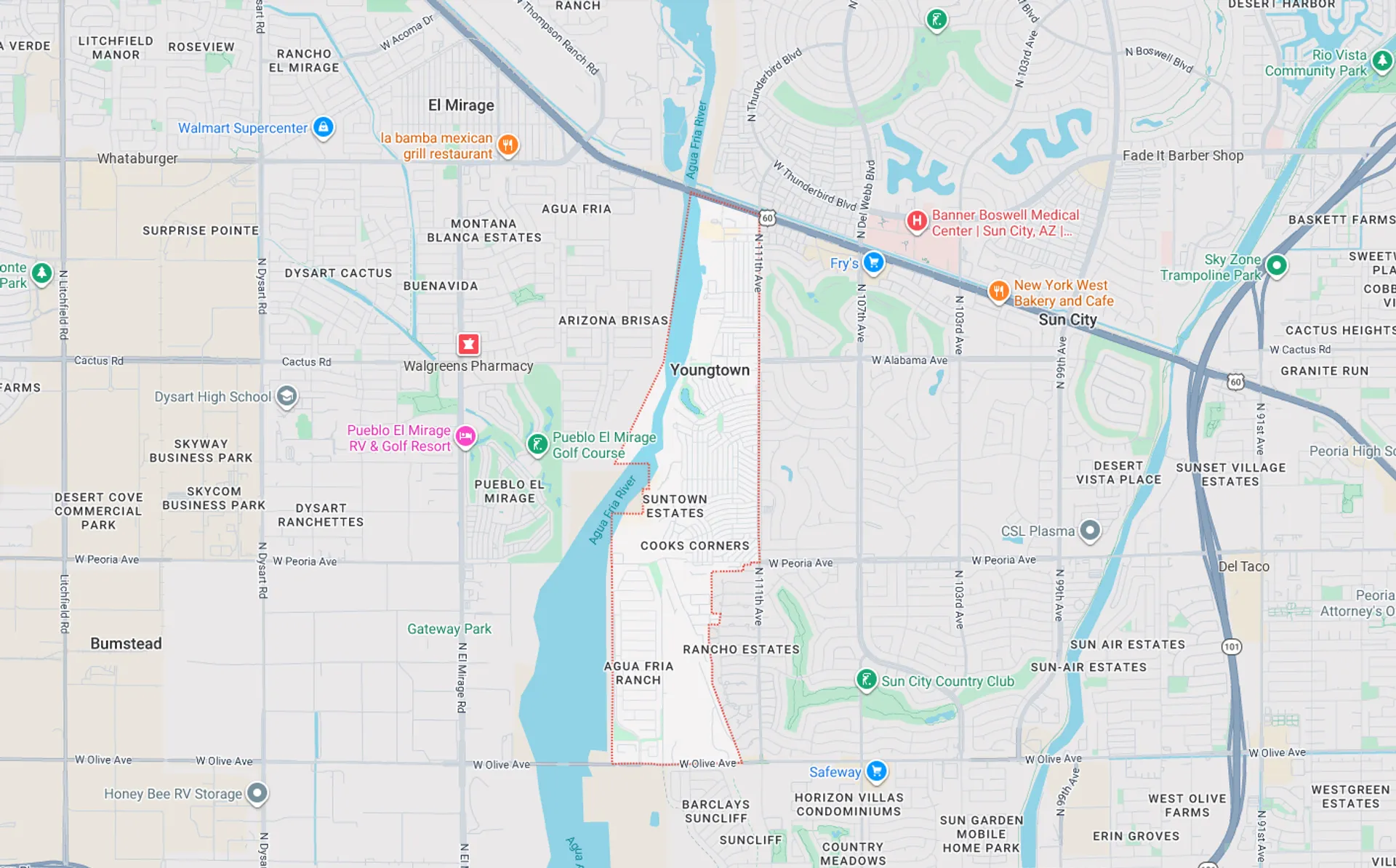 A Screenshot from Google Maps of the Youngtown, AZ Area that Shamrock Heating & Cooling does HVAC Service in.