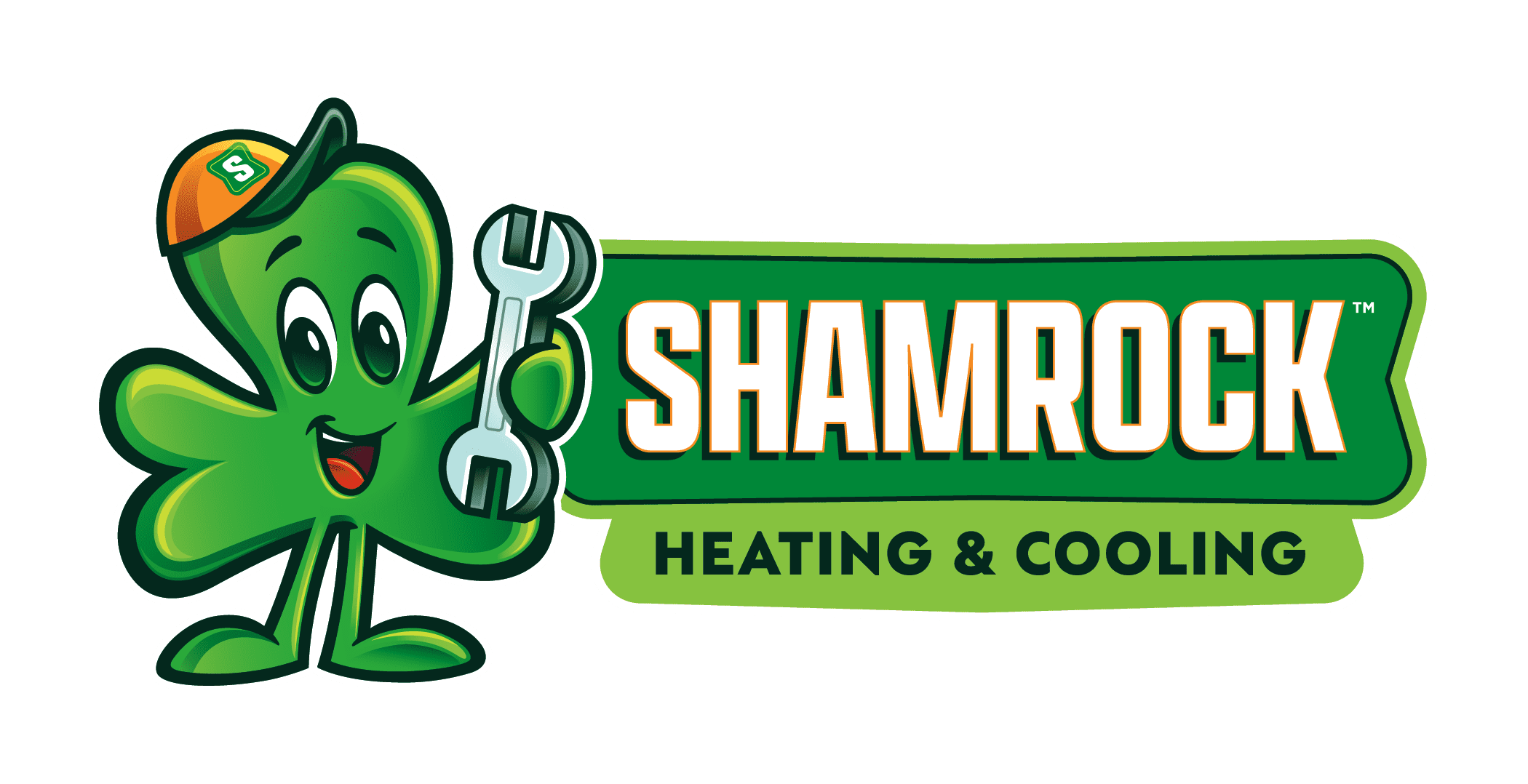 Shamrock Heating and Cooling logo featuring a friendly green shamrock character holding a wrench, representing HVAC services and expertise.