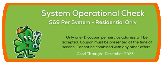 System Operational Check coupon for Shamrock Heating and Cooling, featuring a cartoon mascot, priced at $69 for residential customers, valid through December 2025.